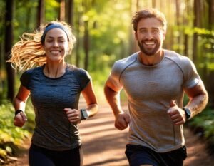 Firefly Ein Glückliches, Sportliches Paar Joggt Gemeinsam Auf Einem Sonnigen Waldweg. 48017